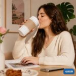 Collection of colorful insulated smart coffee mugs with digital temperature lids and silicone grips. - view 2