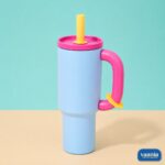Four colorful Chaco Lab Tumblers in light blue, cream, orange, and pink with contrasting lids and handles. - view 2