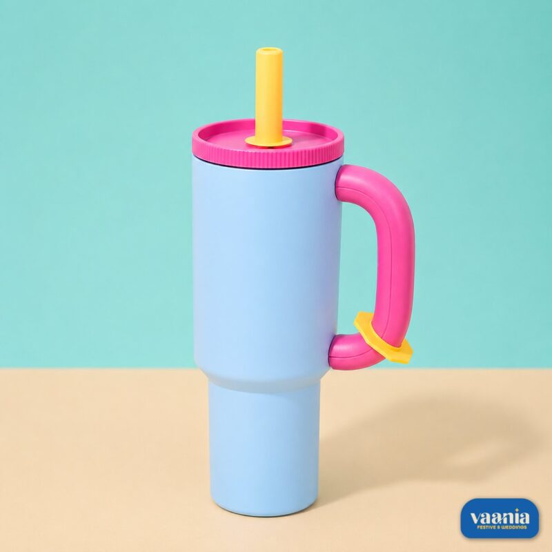 Four colorful Chaco Lab Tumblers in light blue, cream, orange, and pink with contrasting lids and handles. - view 2