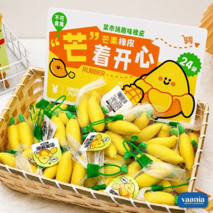 A basket full of yellow Mango Magic Eraser Set units individually wrapped in white mesh bags with green clips.