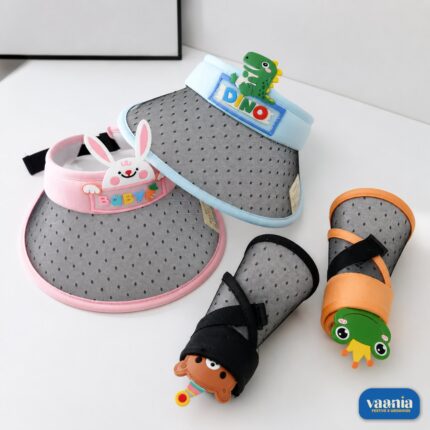 Colorful kids sun visor caps featuring dinosaur and bunny characters with mesh brims