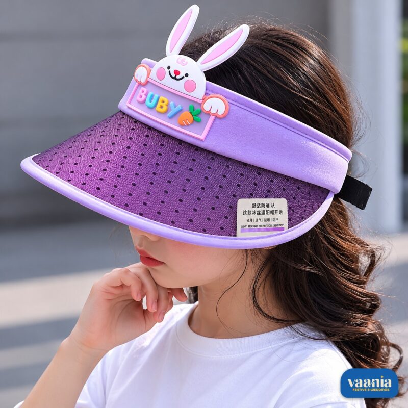 Colorful kids sun visor caps featuring dinosaur and bunny characters with mesh brims - view 2