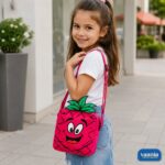 A young girl smiling and wearing a bright pink pineapple sling bag with a cartoon face and green leaves.