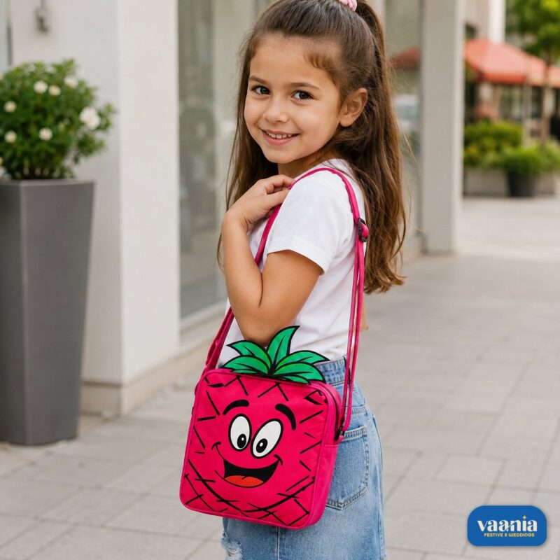A young girl smiling and wearing a bright pink pineapple sling bag with a cartoon face and green leaves.