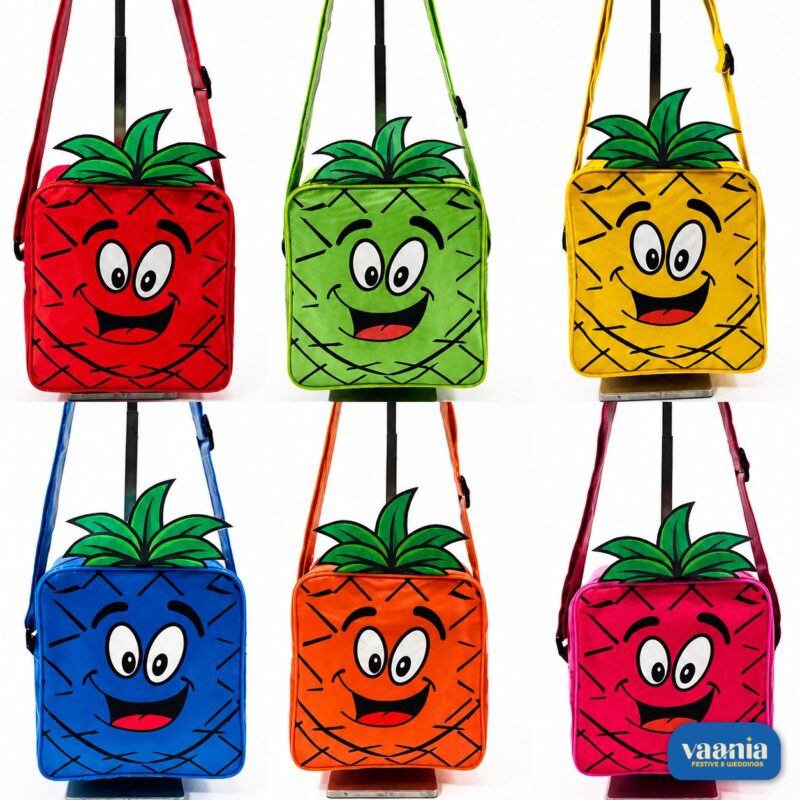 A young girl smiling and wearing a bright pink pineapple sling bag with a cartoon face and green leaves. - view 2