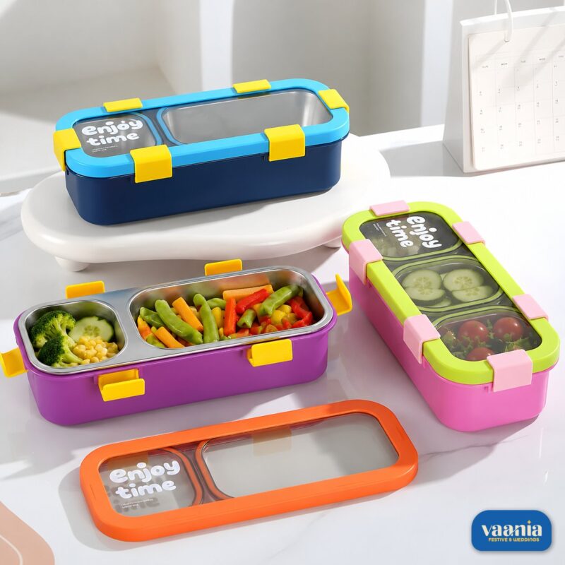 Colorful 2 in 1 Lunch Box set showing blue, purple, and green containers with stainless steel divided sections.