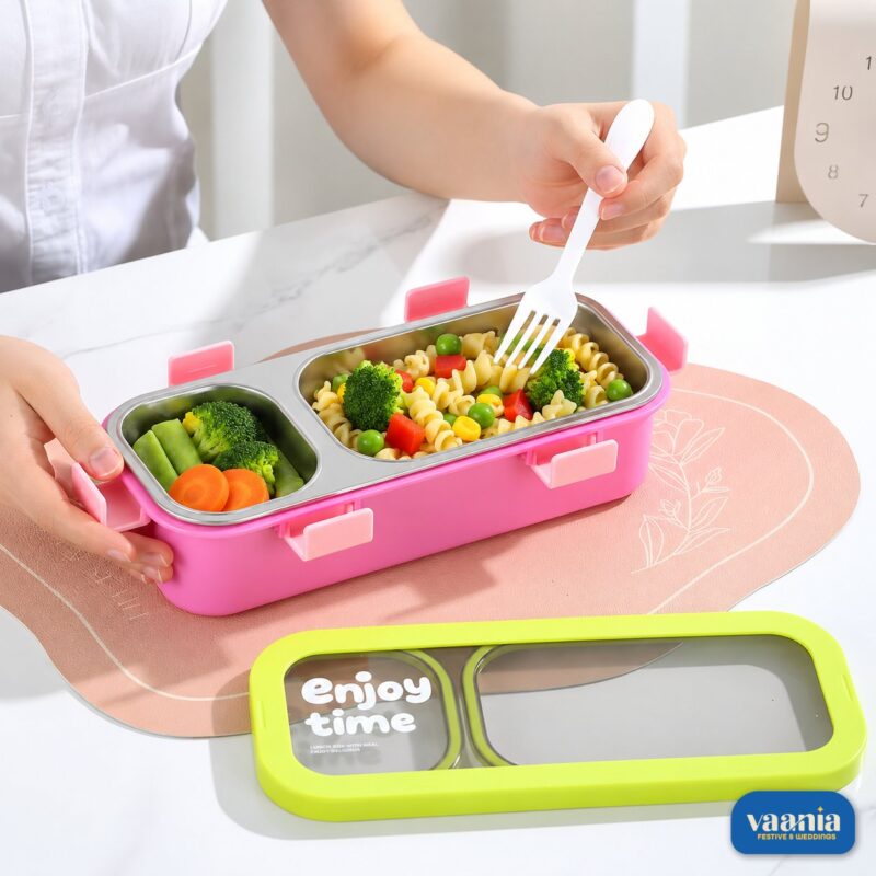 Colorful 2 in 1 Lunch Box set showing blue, purple, and green containers with stainless steel divided sections. - view 2