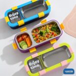 Colorful 2 in 1 Lunch Box set showing blue, purple, and green containers with stainless steel divided sections. - view 3
