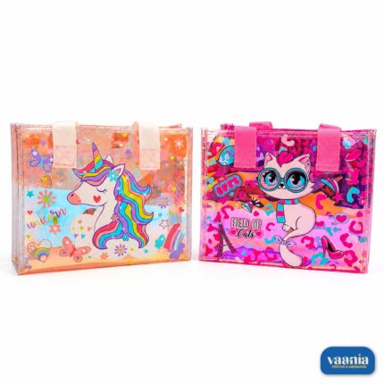 Two Vest Premium Bags side by side featuring a colorful unicorn and a pink cat with glasses illustration.