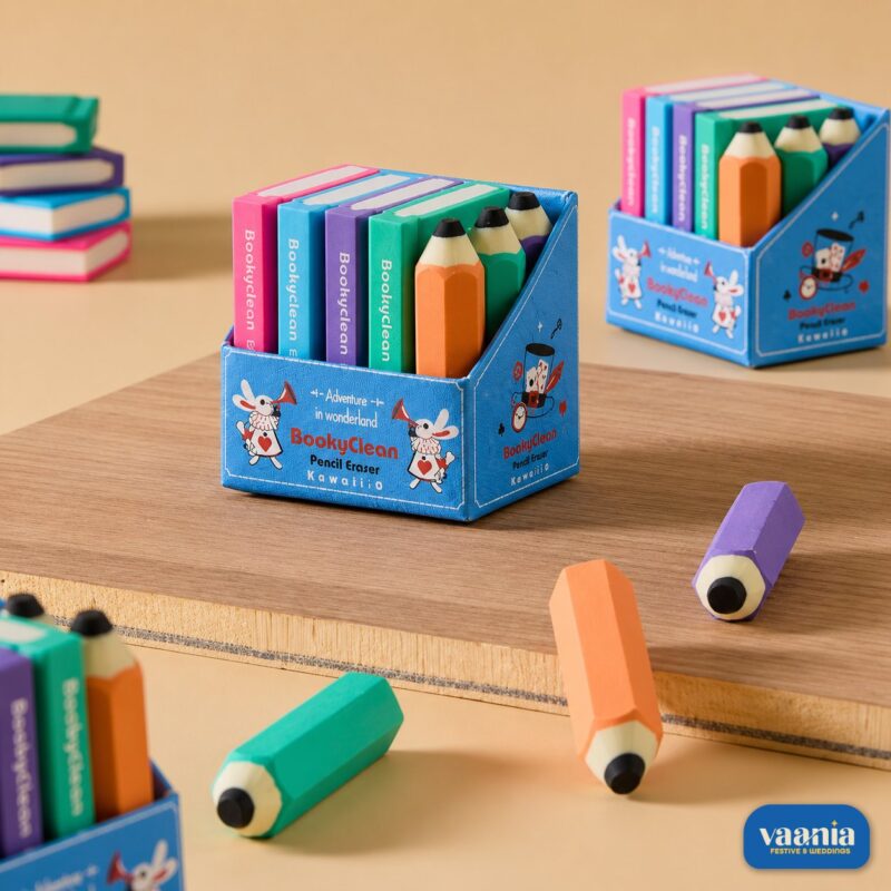 Colorful book and pencil shaped erasers displayed in a blue illustrated box titled Bookshelf Eraser.