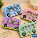 Colorful Bus Stationery Sets in blue, pink, purple, and green on a wooden surface. - view 2