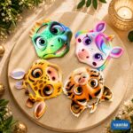 Four Cute Animal Face Diary notebooks featuring a green dragon, colorful unicorn, spotted giraffe, and striped tiger.