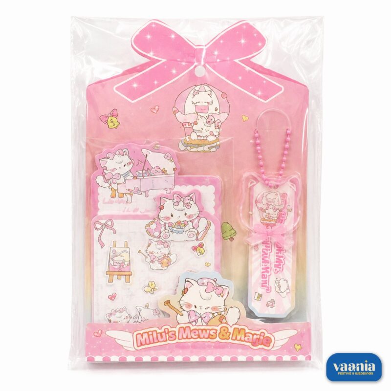 A packaged set of light blue and pink cat-themed sticky notes and a bookmark titled Mihis Mews and Marie. - view 2