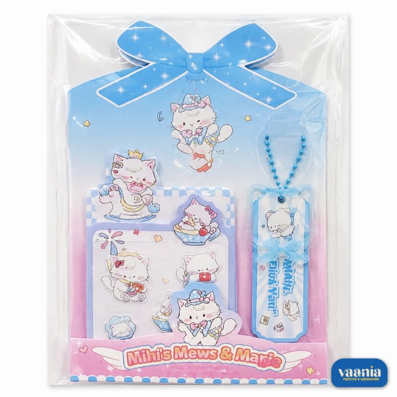 A packaged set of light blue and pink cat-themed sticky notes and a bookmark titled Mihis Mews and Marie.