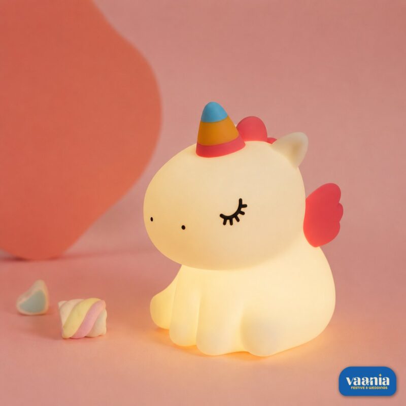 A glowing Sitting Unicorn Silicone Night Lamp with a colorful horn and pink wings on a pink background.