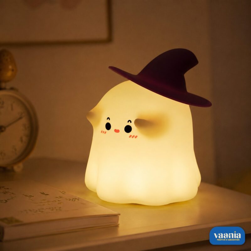 A glowing Ghostess Silicone Night Lamp wearing a purple witch hat sitting on a nightstand.