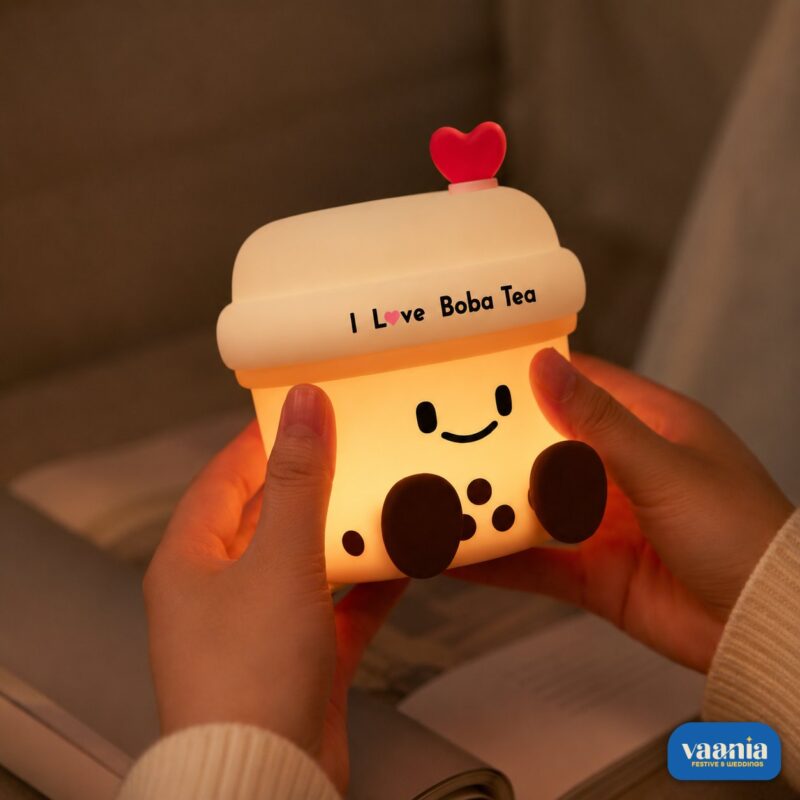 A glowing Boba Tea Silicone Night Lamp with a smiley face and heart topper sitting next to two macarons. - view 2