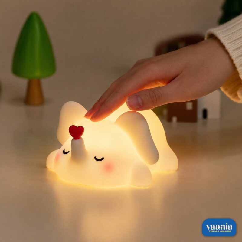 A glowing Loving Elephant Silicone Night Lamp with a red heart on its trunk sitting on a bed. - view 2