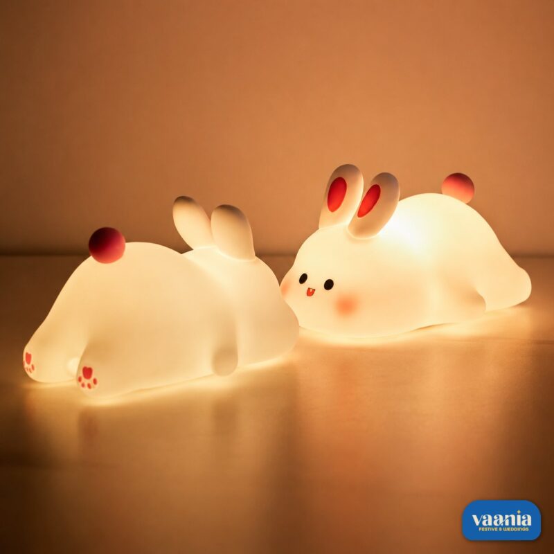 A glowing Rabbit Silicone Night Lamp with pink ears and a red tail sitting on a soft surface. - view 2