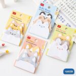 Four packs of Zoo Series Sticky Notes featuring Koko Puppies, BuBu Bears, Kiki Kittens, and BiBi Bunnies on a desk.