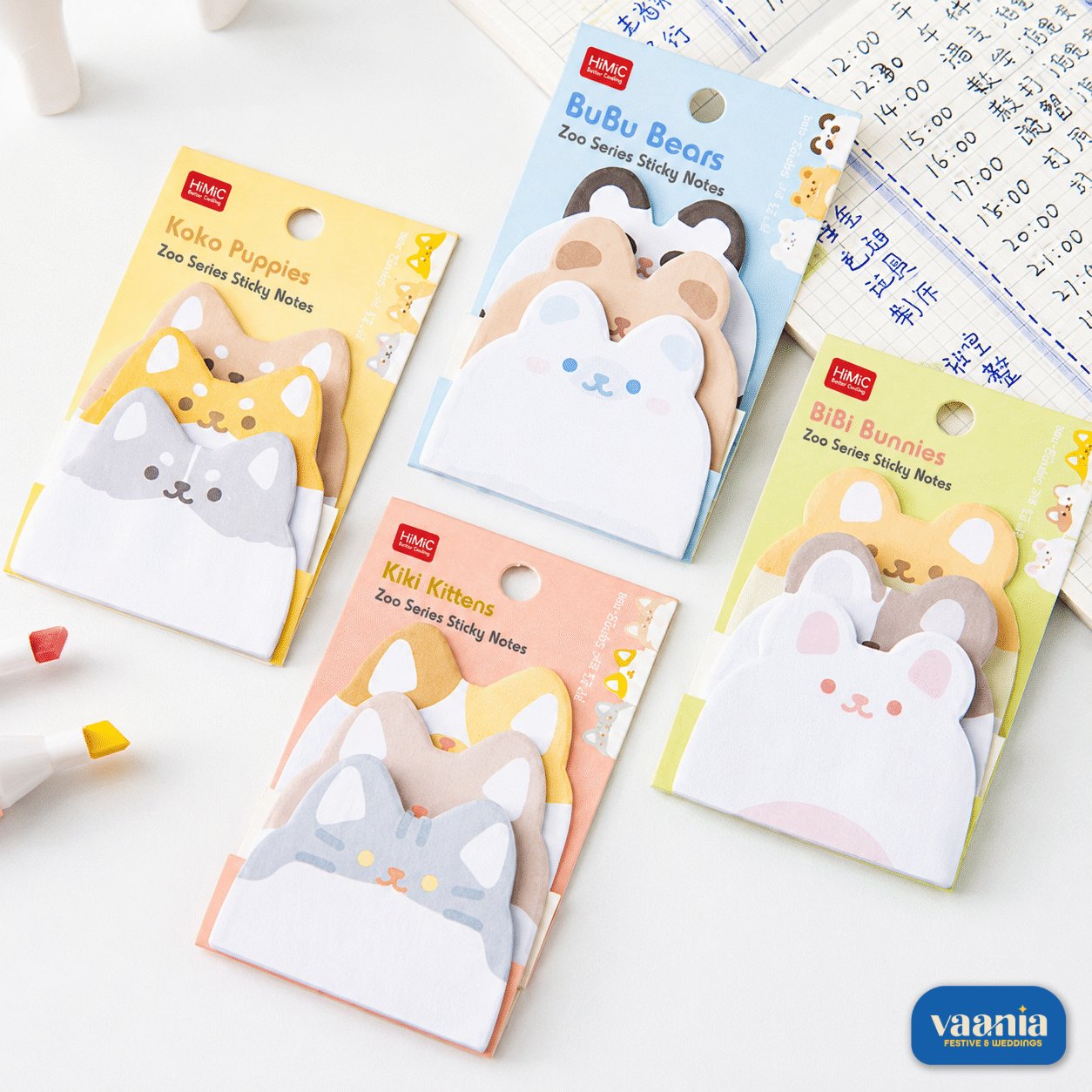 Vaania Zoo Series Animal Sticky Notes Four packs of Zoo Series Sticky Notes featuring Koko Puppies, BuBu Bears, Kiki Kittens, and BiBi Bunnies on a desk.