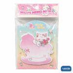 A pack of pink rocking-horse shaped Sticky Notes featuring a white kitten with a bow and flowers.