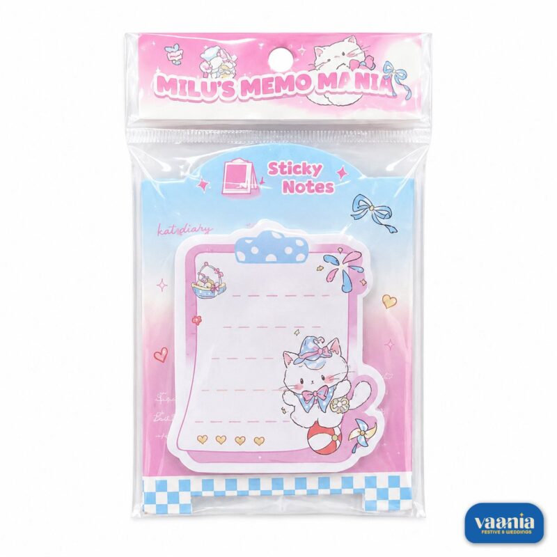 A pack of pink rocking-horse shaped Sticky Notes featuring a white kitten with a bow and flowers. - view 2