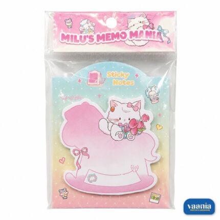 A pack of pink rocking-horse shaped Sticky Notes featuring a white kitten with a bow and flowers.