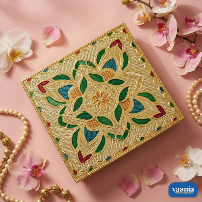 A stack of three Big Square Chowkis with gold finish and floral enamel patterns on a pink background. - view 2