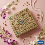 Top view of a square gold Metal Leg Chowki with colorful floral mandala patterns on a pink fabric background. - view 3