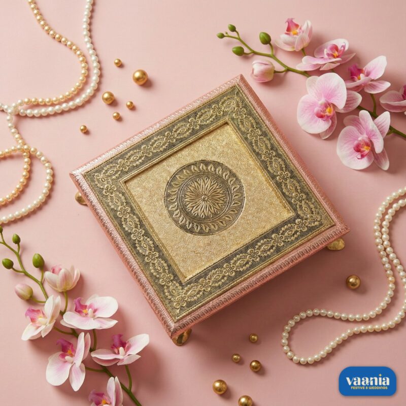 A stack of three tiered Copper Chowkis with ornate golden engravings and pink borders on a pink background. - view 2