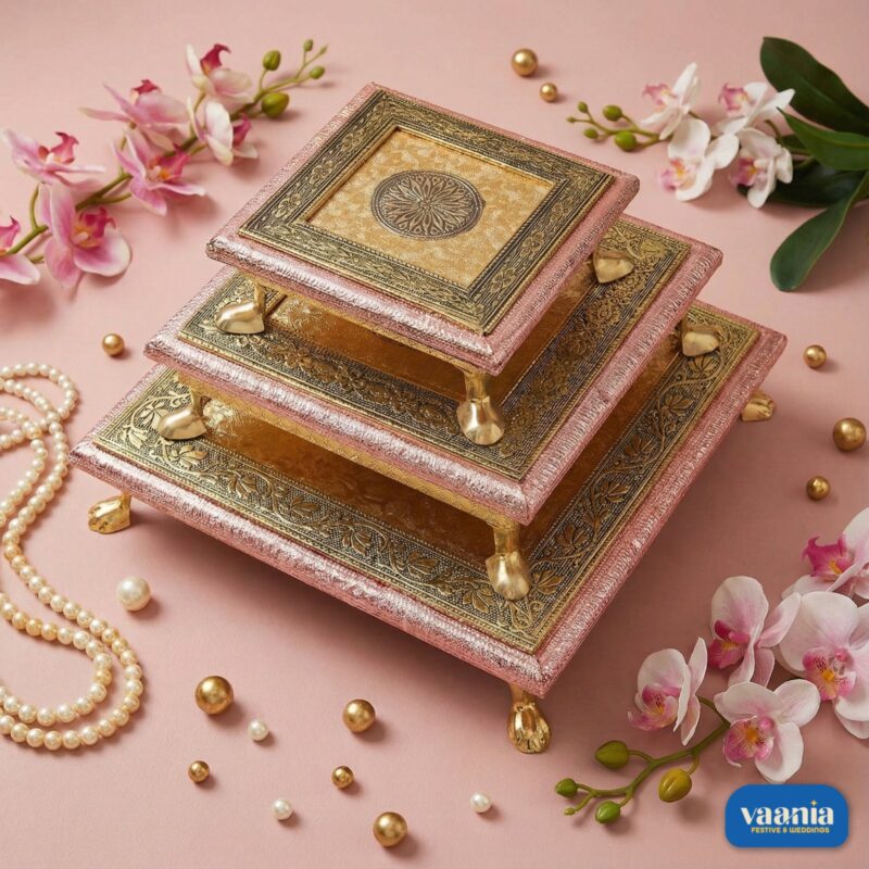 A stack of three tiered Copper Chowkis with ornate golden engravings and pink borders on a pink background.