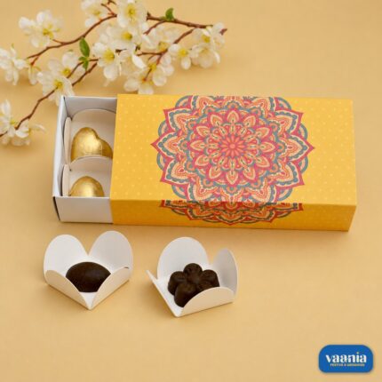 A yellow Sliding Cavity Box with a red and blue mandala design holding gold-wrapped chocolates and petal inserts.