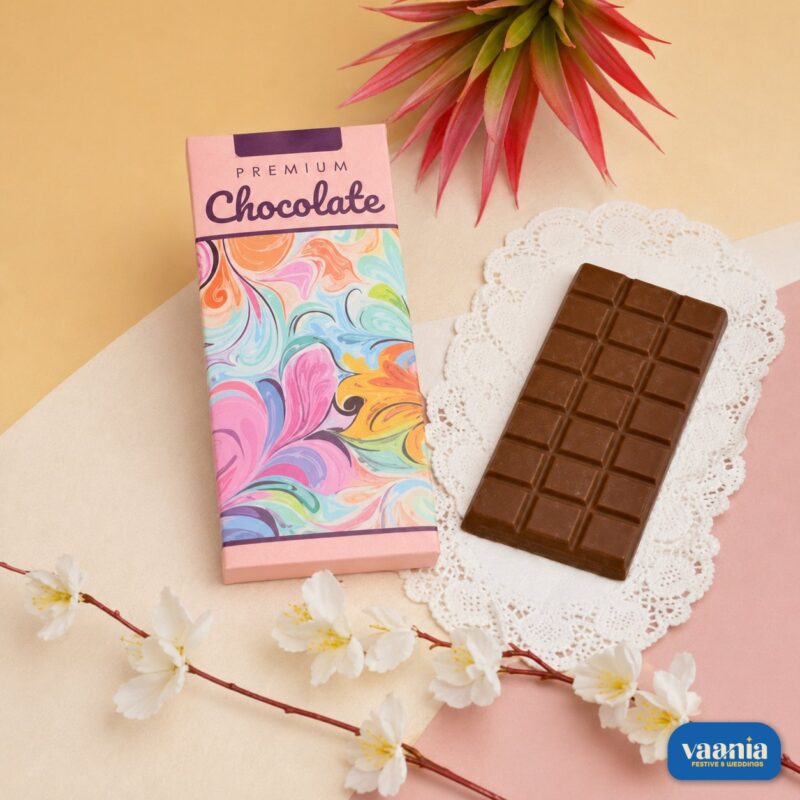 A premium milk chocolate bar on a white lace doily next to a vibrant marble patterned Chocolate Bar Box.
