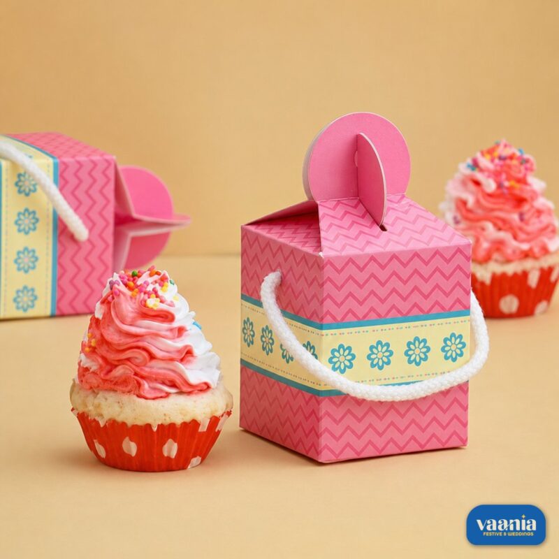 A pink chevron patterned Multi Purpose Box with white rope handles sitting next to a frosted cupcake.