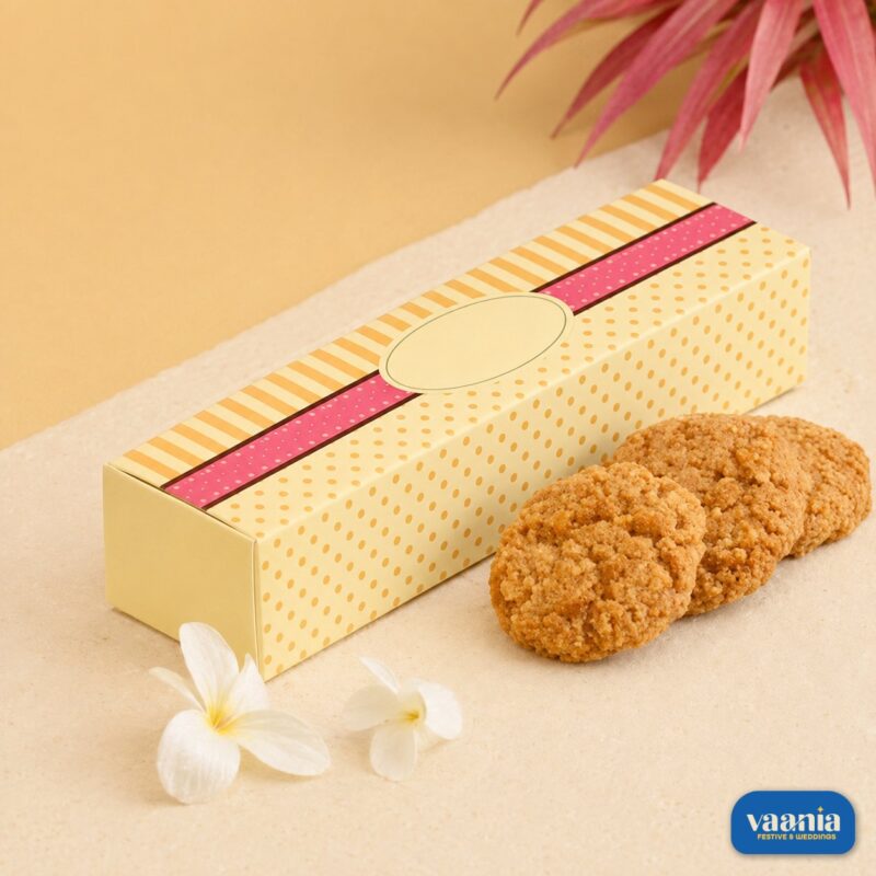 A decorative yellow patterned Multi Purpose Box beside three golden brown cookies and white flowers.