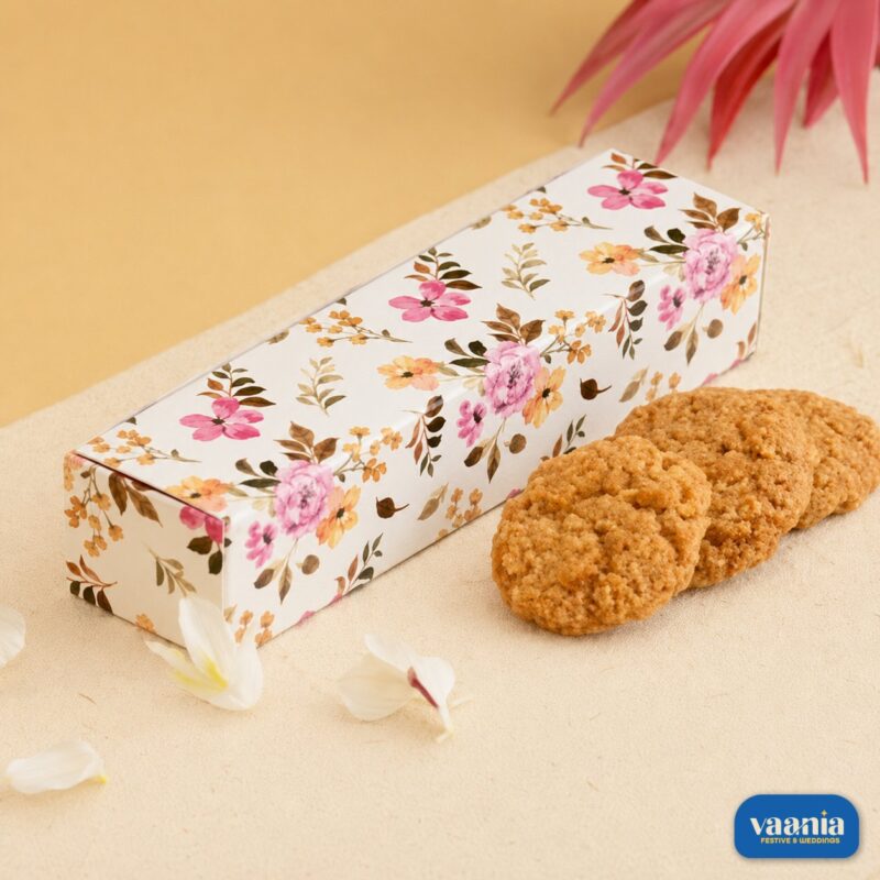 A white long rectangular Multi Purpose Box with pink and yellow floral patterns next to three brown cookies.