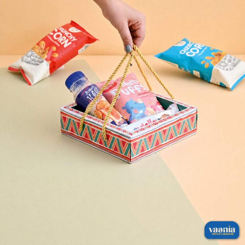 A hand lifting a colorful geometric patterned Hamper Tray filled with drinks and snacks by its golden rope handles.