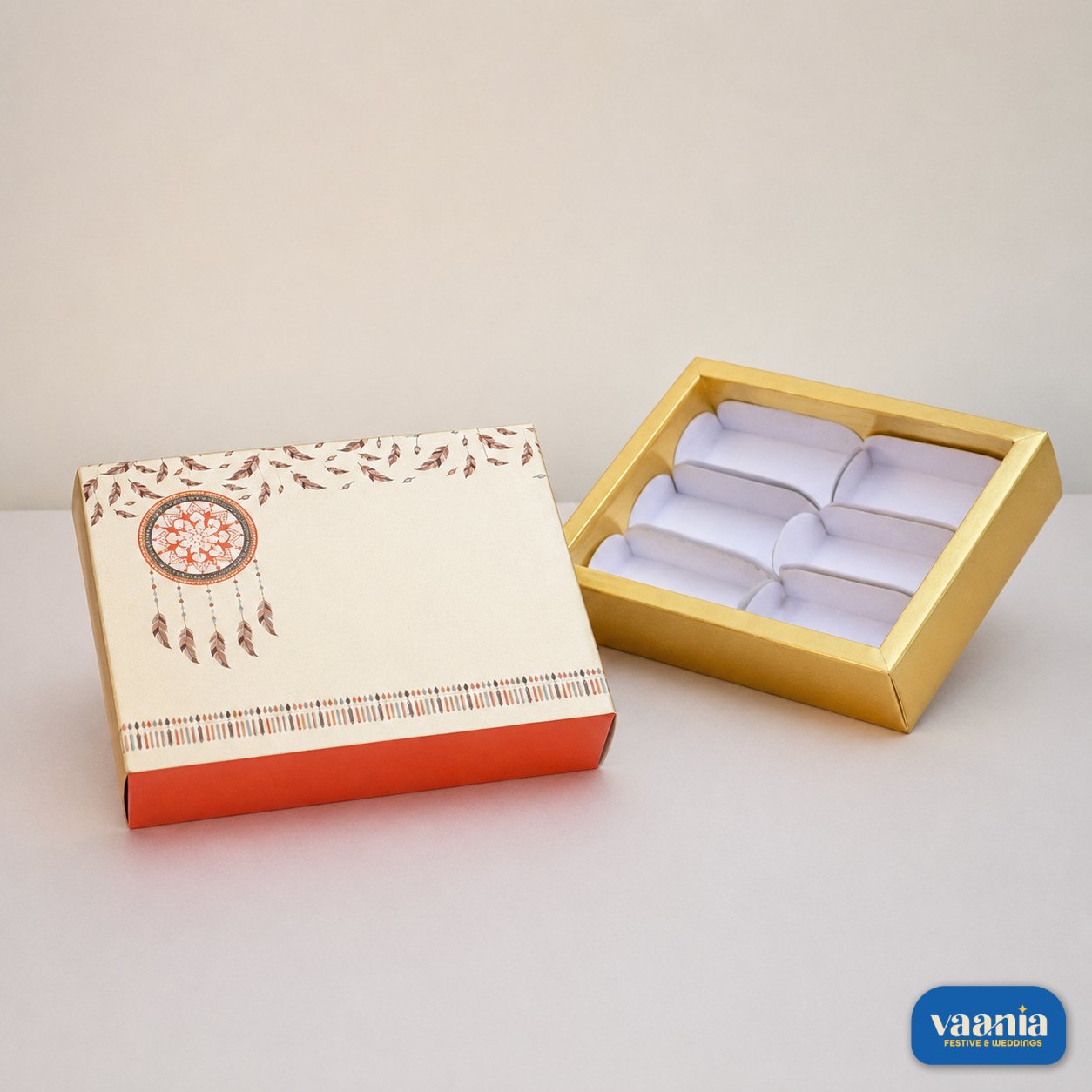 Sliding Box - Cavity Box (6 Big Cavity) by Vaania A decorative Sliding Box - Cavity Box with a dreamcatcher design and six gold-bordered internal compartments.