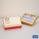 A decorative Sliding Box - Cavity Box with a dreamcatcher design and six gold-bordered internal compartments.