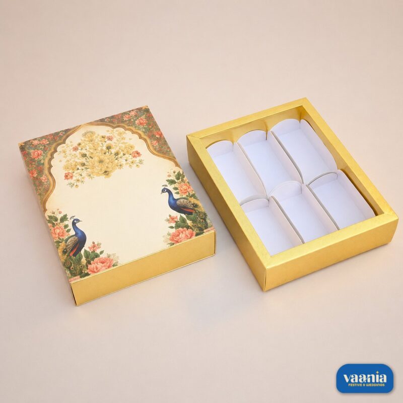 A decorative gold Sliding Box - Cavity Box with 6 cavities featuring peacock and floral illustrations on the cover.