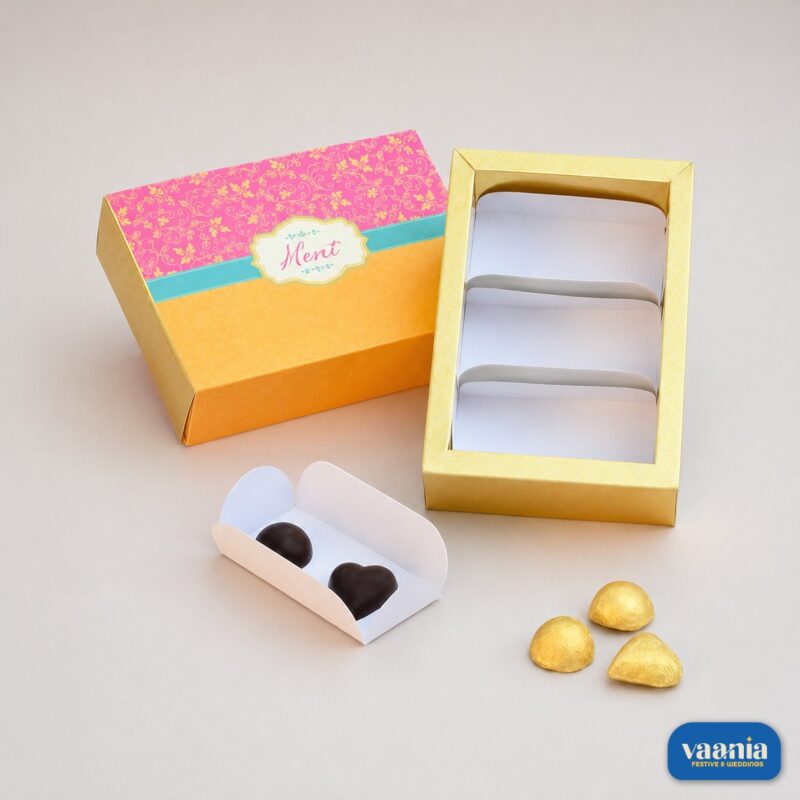 A Sliding Box - Cavity Box with three sections, featuring a pink floral and orange sleeve alongside gold chocolates.