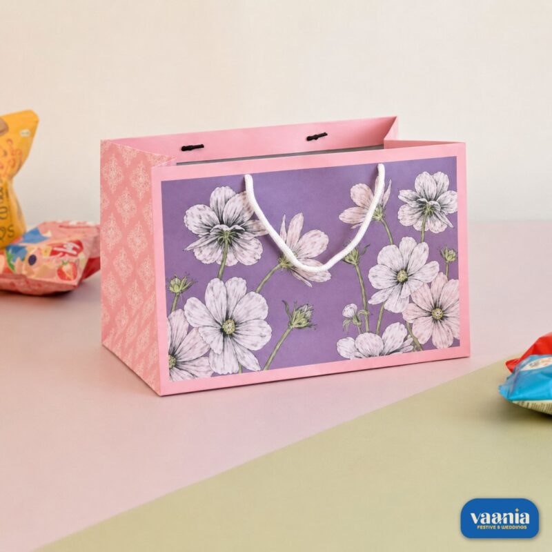 A purple and pink floral Gift Carry Bag with white rope handles sitting on a two-tone surface.