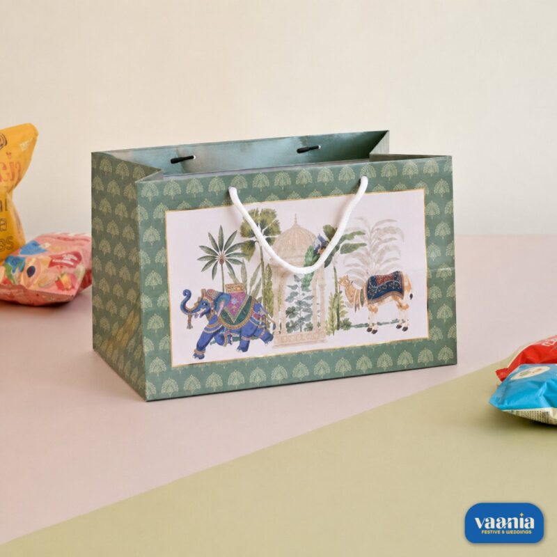 A green Gift Carry Bag featuring exotic elephant and camel illustrations in a traditional palace garden setting.