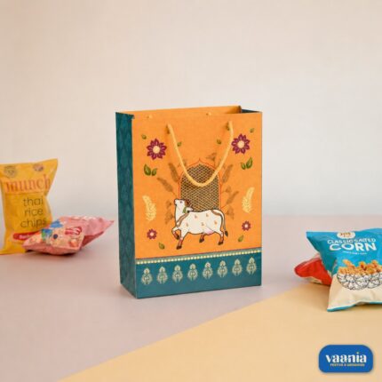 A decorative orange and teal Gift Carry Bag featuring a white cow motif, surrounded by snacks on a pastel background.