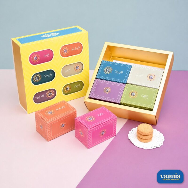 A yellow and gold Sliding Box Set displaying six colorful smaller boxes and a stack of cookies.