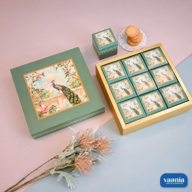Green Top-Bottom Hamper featuring 9 inner boxes with peacock illustrations on a gold frame