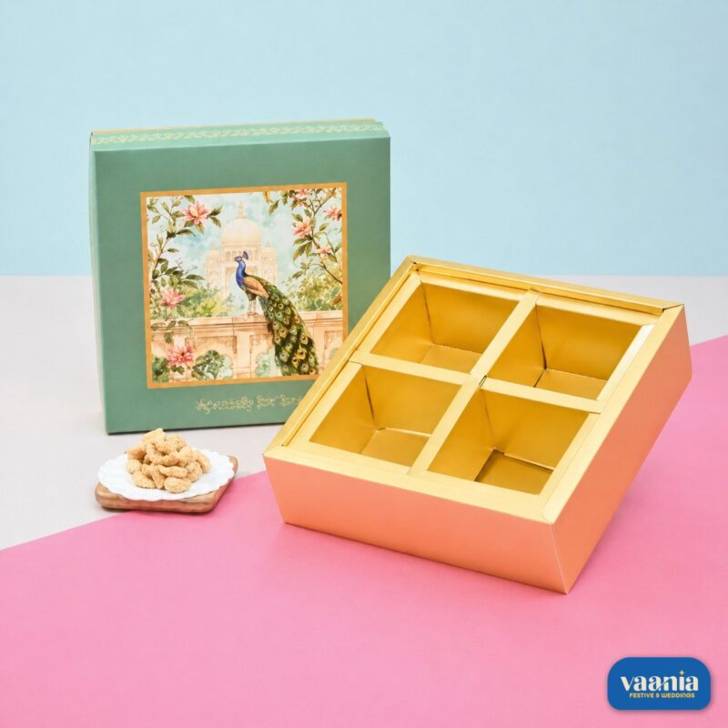 A luxury Top-Bottom Hamper with 4 gold compartments and a peacock illustrated green lid.
