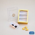 Gold Sliding Box - Cavity PVC Box with 3 Big Cavities featuring a peacock logo and chocolates